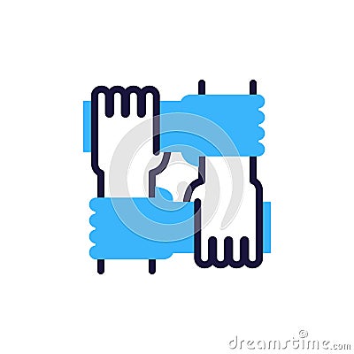 unity symbol icon with four hands clasping wrists in a square, vector flat line illustration for teamwork, support, partnership Vector Illustration