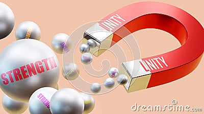 Unity which attracts Strength. A magnet metaphor in which unity is attracting strength Stock Photo