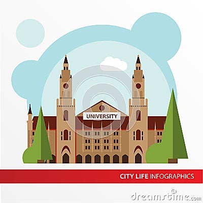 Univercity building icon in the flat style. Institute. Concept for city infographic. Vector Illustration