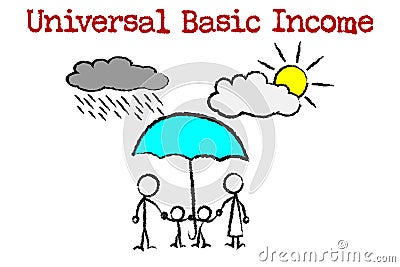 Universal Basic Income, Drawing of family under the protective umbrella of universal basic income Stock Photo