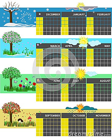 Universal calendar for the year. Four Seasons. Winter, spring, autumn, summer. Stock Photo