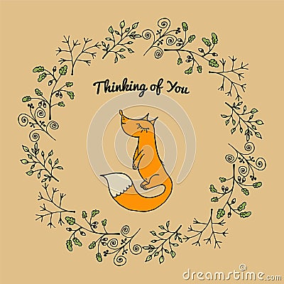 Universal card with branches and fox. Vector Illustration