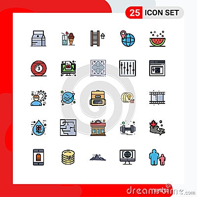 25 Universal Filled line Flat Color Signs Symbols of cooking, travel, ice cream, global, staircase Vector Illustration