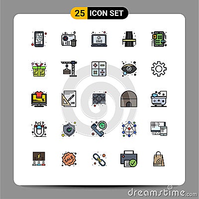 25 Universal Filled line Flat Color Signs Symbols of menu, way, coding, rood, city Vector Illustration