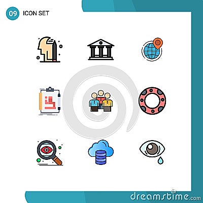 9 Universal Filledline Flat Color Signs Symbols of friends, work, global, scheme, algorithm Vector Illustration