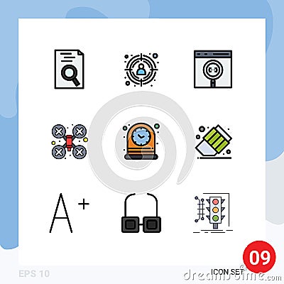 9 Universal Filledline Flat Color Signs Symbols of time, clock, coding, drone robot, camera Vector Illustration