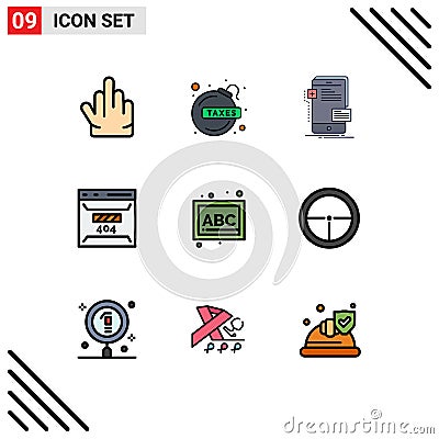 9 Universal Filledline Flat Colors Set for Web and Mobile Applications abc, page, interface, error, develop Vector Illustration