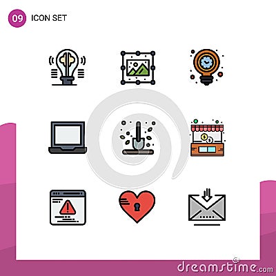9 Universal Filledline Flat Colors Set for Web and Mobile Applications autumn, devices, image, computer, light Vector Illustration