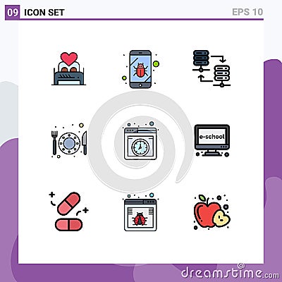 9 Universal Filledline Flat Colors Set for Web and Mobile Applications cloud, hotel, security, food, server rack Vector Illustration