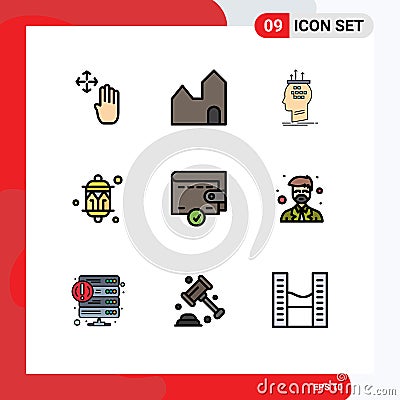 Modern Set of 9 Filledline Flat Colors Pictograph of light, festival, algorithm, decoration, thinking Vector Illustration