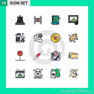 16 Universal Flat Color Filled Line Signs Symbols of medicine, photo, book, image, print Vector Illustration