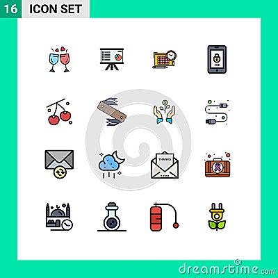 16 Universal Flat Color Filled Line Signs Symbols of mobile, encryption, graph, focus, file Vector Illustration