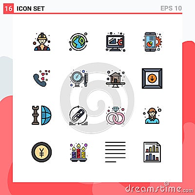 16 Universal Flat Color Filled Lines Set for Web and Mobile Applications heart, phone, data management, mobile, graph Vector Illustration