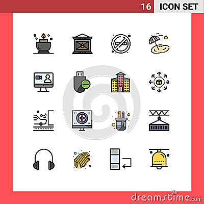 16 Universal Flat Color Filled Lines Set for Web and Mobile Applications internet, job, no, spring, palm Vector Illustration
