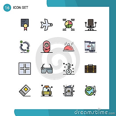 16 Universal Flat Color Filled Lines Set for Web and Mobile Applications money, currency, graphical, exchange, office Vector Illustration