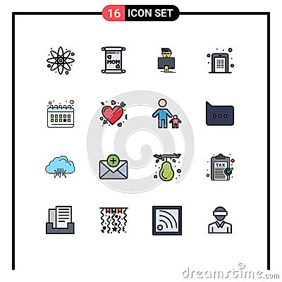 16 Universal Flat Color Filled Lines Set for Web and Mobile Applications planning, calendar, gammer, pin code, mobile Stock Photo