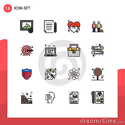 16 Universal Flat Color Filled Lines Set for Web and Mobile Applications process, soccer, heart, friends, ball Vector Illustration