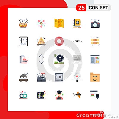 25 Universal Flat Color Signs Symbols of internet, camera, spring, office, address Vector Illustration