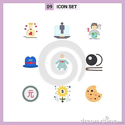 9 Universal Flat Color Signs Symbols of people, american, abilities, cap, online Vector Illustration