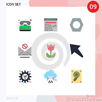 9 Universal Flat Color Signs Symbols of photo, flower, bolt, camera, mail Vector Illustration