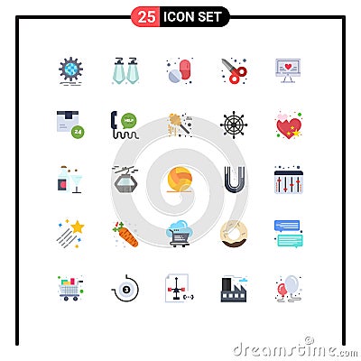 25 Universal Flat Color Signs Symbols of wedding, love, medical, computer, scissor tool Vector Illustration