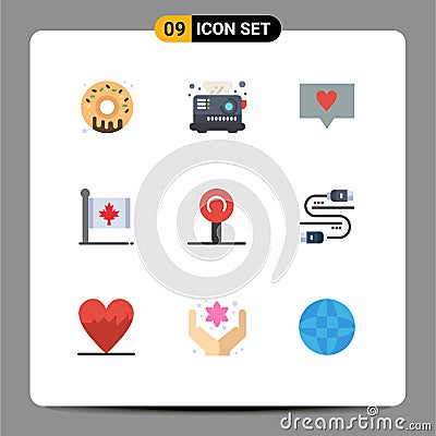 9 Universal Flat Colors Set for Web and Mobile Applications cable, lollipop, love, maple, canada Vector Illustration