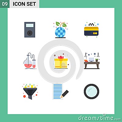 9 Universal Flat Colors Set for Web and Mobile Applications day, research, plant, flask, analysis Vector Illustration