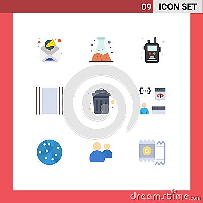 9 Universal Flat Colors Set for Web and Mobile Applications recycle, garbage, walkie talkie, dustbin, horizontal Vector Illustration