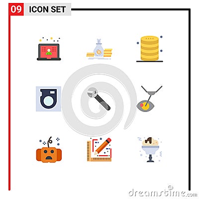 9 Universal Flat Colors Set for Web and Mobile Applications wrench, drive, money, disk, server Vector Illustration