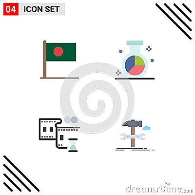 4 Universal Flat Icons Set for Web and Mobile Applications asian, research, country, market, film stip Vector Illustration