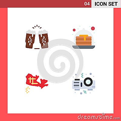 4 Universal Flat Icons Set for Web and Mobile Applications beer, map, glass, strawberry, projector Vector Illustration