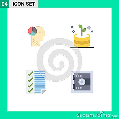 4 Universal Flat Icons Set for Web and Mobile Applications graph, document, thinking, money, report Vector Illustration