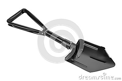 Universal folding camping shovel, black engineer shovel, on a white background Stock Photo