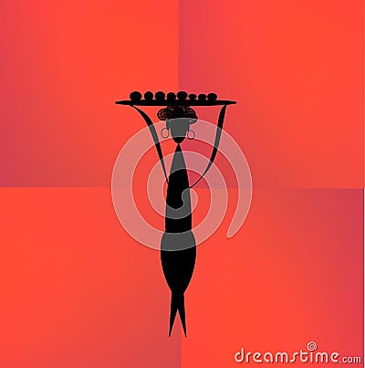 Universal icon depicting a black silhouette of a woman with a tray over her head Stock Photo