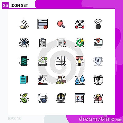 Universal Icon Symbols Group of 25 Modern Filled line Flat Colors of wifi, connection, pong, love, affection Vector Illustration