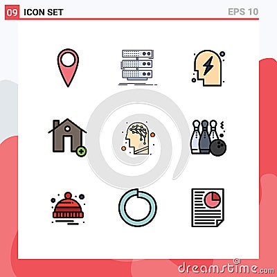 Universal Icon Symbols Group of 9 Modern Filledline Flat Colors of brain, new, planning, house, buildings Vector Illustration