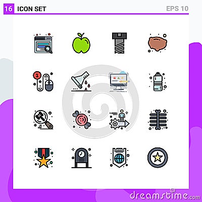 Universal Icon Symbols Group of 16 Modern Flat Color Filled Lines of chemical flask, pay, nut, click, business Vector Illustration