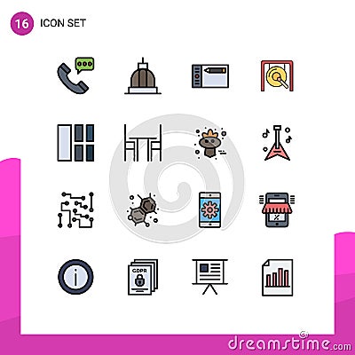 Group of 16 Modern Flat Color Filled Lines Set for chinese, music, capitol, gong, graphic Vector Illustration