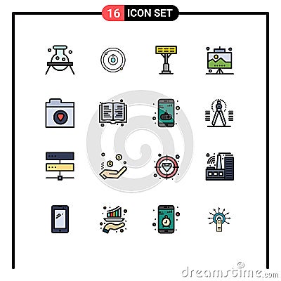 Universal Icon Symbols Group of 16 Modern Flat Color Filled Lines of files, work, learning, seo, development Vector Illustration