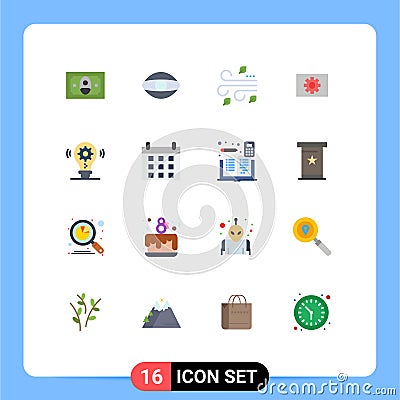 Universal Icon Symbols Group of 16 Modern Flat Colors of gear, bulb, leaves, gear, hardware Vector Illustration