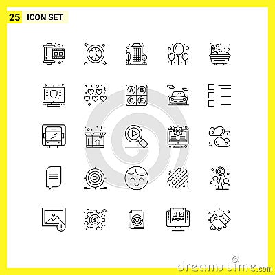 Universal Icon Symbols Group of 25 Modern Lines of bathroom, bathtub, city, bath, celebration Vector Illustration