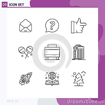 Universal Icon Symbols Group of 9 Modern Outlines of banking, travel, like, suitcase, heart lollipop Vector Illustration