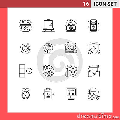 Universal Icon Symbols Group of 16 Modern Outlines of candy, hardware, paint, cpu, robbery Vector Illustration