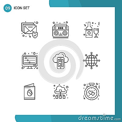Universal Icon Symbols Group of 9 Modern Outlines of computing, waves, drink, sound waves, equalizer Vector Illustration