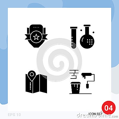 Universal Icon Symbols Group of 4 Modern Solid Glyphs of badge, medicine, shield, fitness, map Vector Illustration