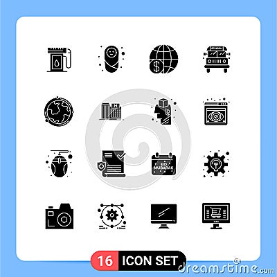 Universal Icon Symbols Group of 16 Modern Solid Glyphs of globe, transport, finance, school, worldwide Vector Illustration