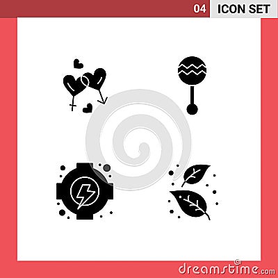 Universal Icon Symbols Group of 4 Modern Solid Glyphs of heart, sound, love, instrument, gear Vector Illustration