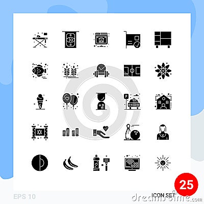 Universal Icon Symbols Group of 25 Modern Solid Glyphs of home, hardware, database, devices, computers Vector Illustration