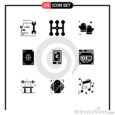 Universal Icon Symbols Group of 9 Modern Solid Glyphs of payment, printing, baking, paper, design Vector Illustration