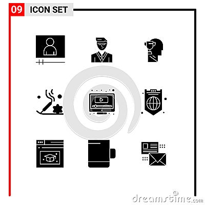 Universal Icon Symbols Group of 9 Modern Solid Glyphs of screen, computer, brian, relaxation, beauty Vector Illustration